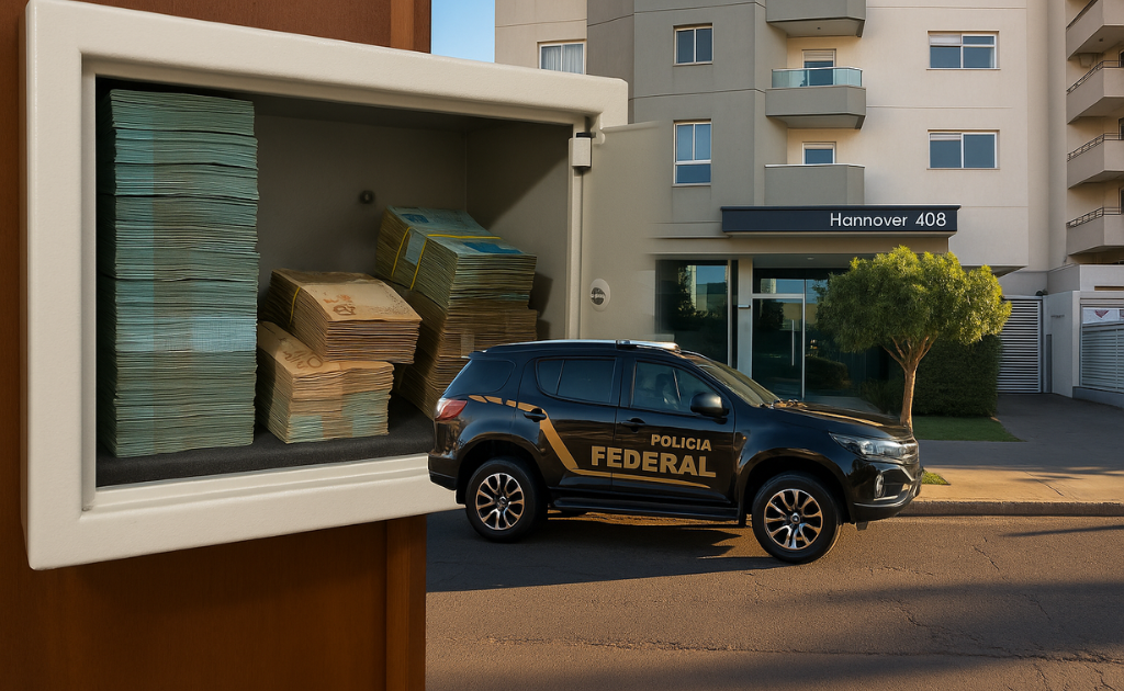 PF encontra cofre com milhares em dinheiro em apartamento vazio na Rua das Garças durante operação que investiga fraudes milionárias na Educação de MS.