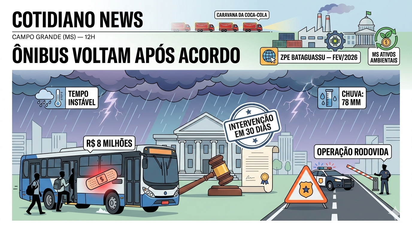 Ônibus voltam em Campo Grande após 4 dias de greve. Governo libera R$ 8 mi e Justiça exige intervenção no Consórcio em 30 dias. Entenda o acordo.