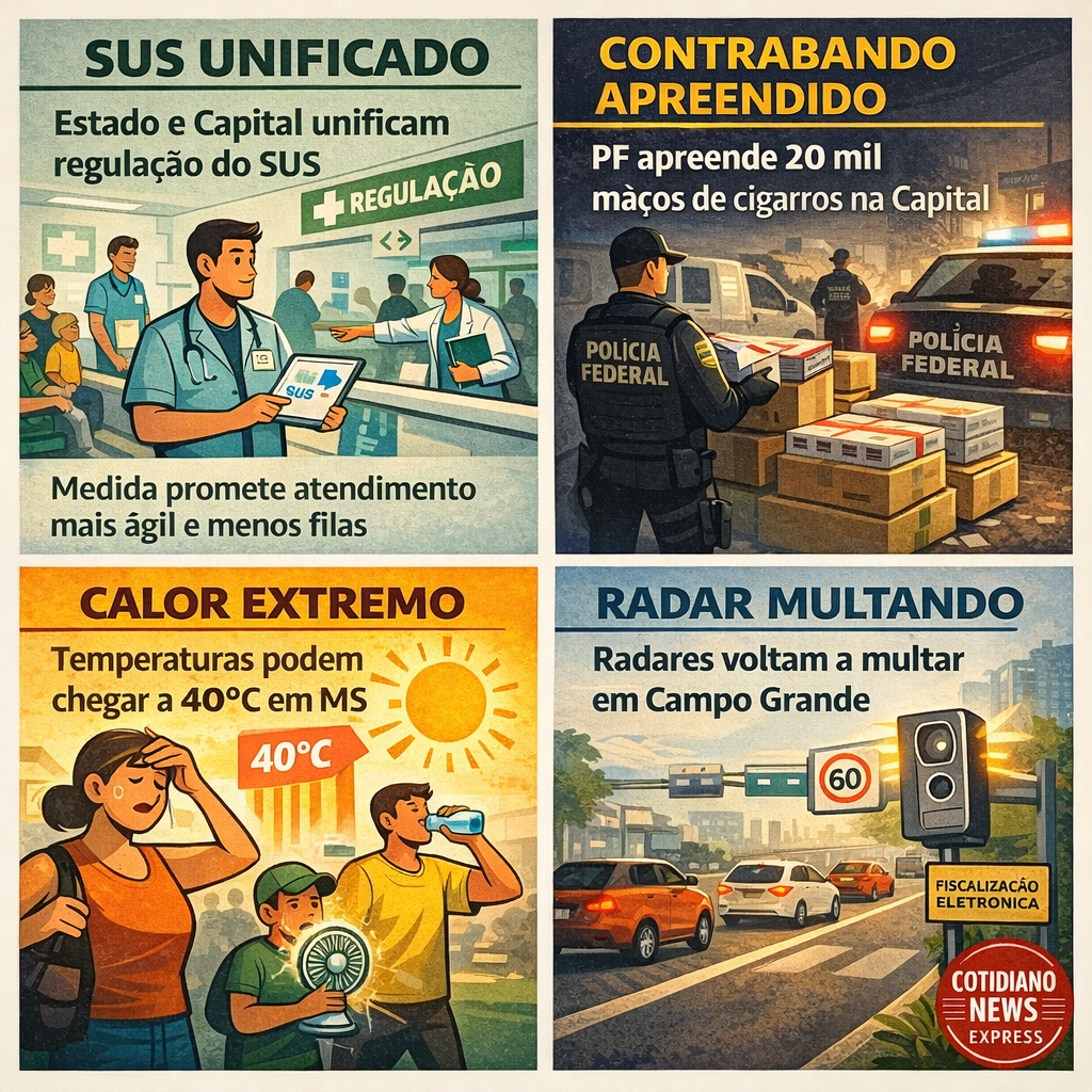 Notícias de Campo Grande e MS em 27/01: saúde unificada, calor de 40°C, operação PF e mais. Resumo completo em 3 minutos.